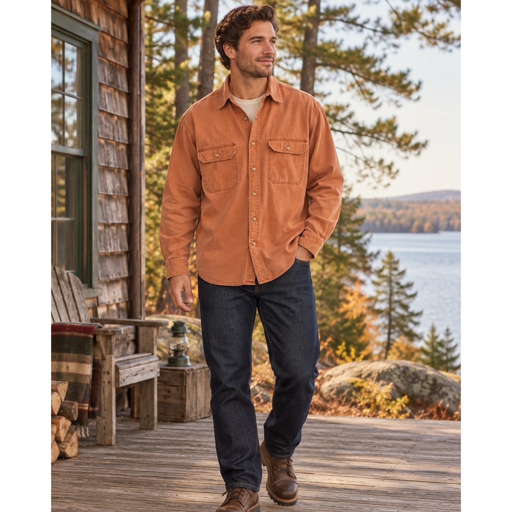 L.L.Bean Men's Large Tall Orange Sunwashed Canvas Work Shirt